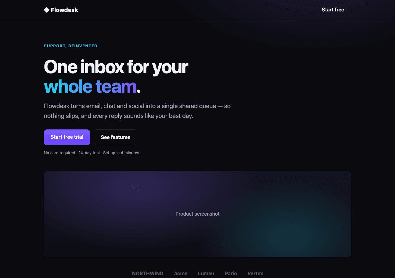 Flowdesk demo page: a shared team inbox product, hero and pricing sections.